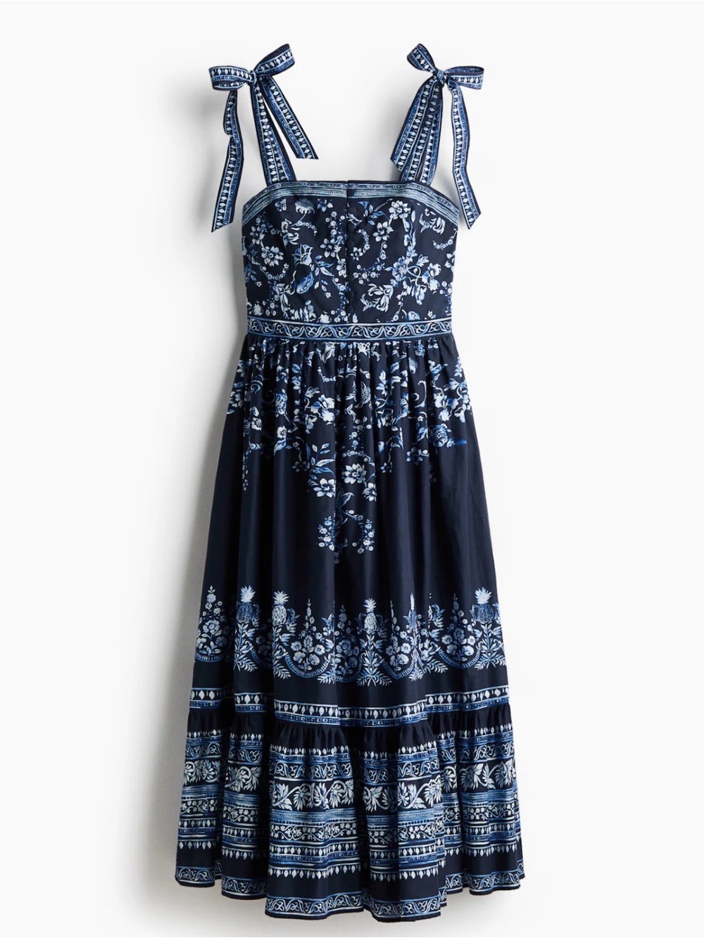 H&M Navy and Light Blue Floral Tie-Shoulder 100% cotton Midi Dress size Medium
